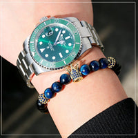 Bracelet Luxe Bleu Couronne CZ Zircon Pave Tissage Unisexe Œil De Tigre Pierre Perles