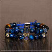Bracelet Luxe Bleu Couronne CZ Zircon Pave Tissage Unisexe Œil De Tigre Pierre Perles
