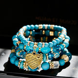 Bracelet 4 pièces/ensemble style Boho or métal cœur perles cristal pierre noire perlée