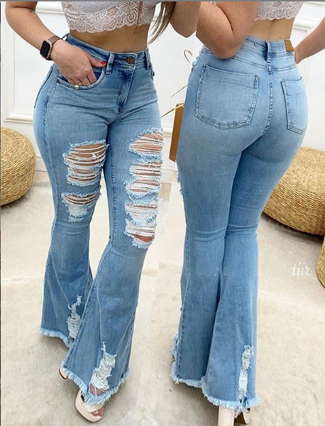 Jeans évasés femmes déchirés à jambes larges pantalons en Denim Vintage taille haute