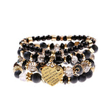 Bracelet 4 pièces/ensemble style Boho or métal cœur perles cristal pierre noire perlée