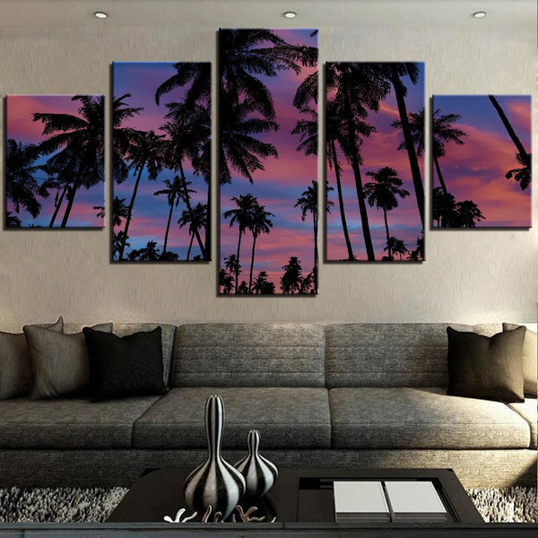 Tableau 5 pièces arbres peinture sur toile violet bleu ciel coucher de soleil fonds d'écran