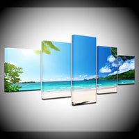 Tableau Peinture HD Décor Toile Affiche Salon Cadre 5 Pièces Bleu Ciel Plage Cocotiers