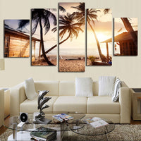 Tableau HD Toile Photos Cadre Décor Tropical Affiche 5 Pièces Cocotiers Coucher Soleil