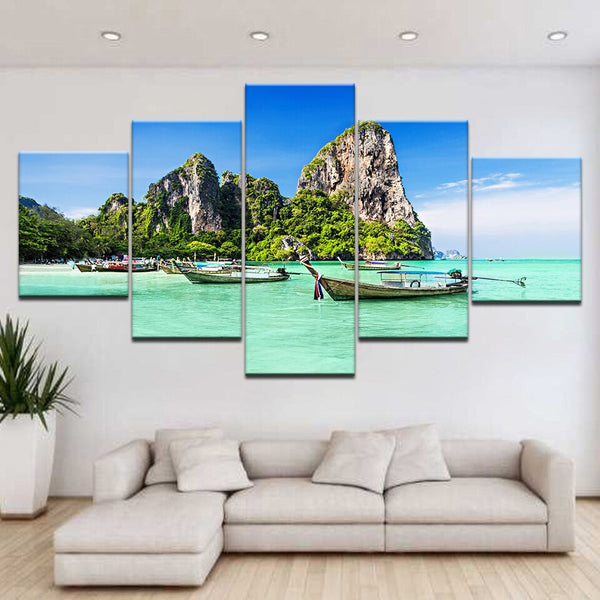 Magnifique Tableau 5pcs HD Impression Sur Toile Peinture Plage Phuket Paysage Bateau