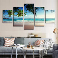 5 Panel Coconut Tree Blue Sky And Ocean Beach Decor Canvas Picture Art HD