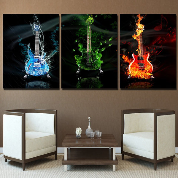 Mur oeuvre imprimée photos toile 3 panneau musique guitare moderne décoration HD