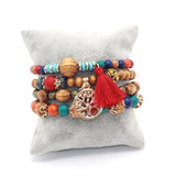 Bracelet 4 pièces/ensemble perles de bois gland à breloques brin Stretch Yoga