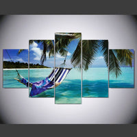 Tableau Déco HD 5 Panneaux Vue Sur Mer Hamac Cocotier Tropical Vacation Toile Décor