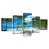 Tableau HD Modulaire Toile Peinture 5 Panneaux Cocotiers Arbres Plage Mur Art