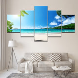 Tableau Peinture HD Décor Toile Affiche Salon Cadre 5 Pièces Bleu Ciel Plage Cocotiers