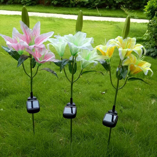 Lampe De Jardin Énergie Solaire 3 LEDs Fleur Lis Artificiel Sur Pieu Décoration Paysage