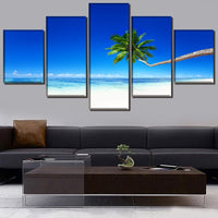 Tableau Toile HD Paysage Ciel Bleu Peinture 5 Panneaux Mer Et Cocotiers Arbre Photo
