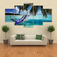 Tableau Déco HD 5 Panneaux Vue Sur Mer Hamac Cocotier Tropical Vacation Toile Décor