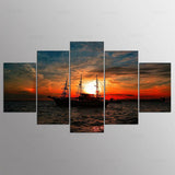 Tableau HD Toile Modulaire Cadre Décor 5 Panneaux Bateau Sublime Coucher De Soleil