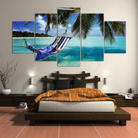 Tableau Déco HD 5 Panneaux Vue Sur Mer Hamac Cocotier Tropical Vacation Toile Décor