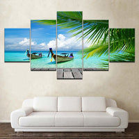 Superbe Tableau 5 Pièces Impressions Sur Toile Plage Bleu palmiers Peinture Anime