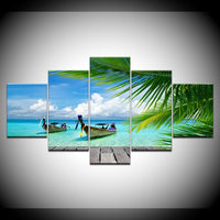 Superbe Tableau 5 Pièces Impressions Sur Toile Plage Bleu palmiers Peinture Anime