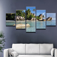 Tableau Déco HD Photo Imprimé Ciel Bleu Azur Océan Nuages Blanc Cocotier Rocher