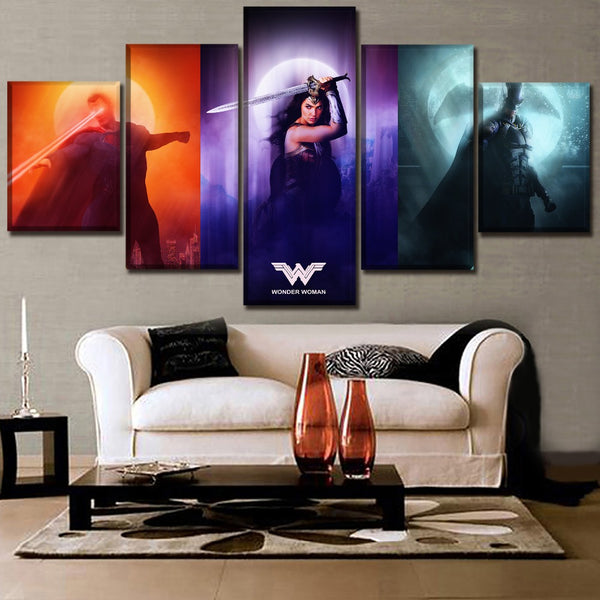 Tableau Impression HD Sur Toile 5 Pièces Justice League Wonder Woman Superman Bat