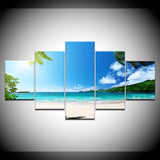 Tableau Peinture HD Décor Toile Affiche Salon Cadre 5 Pièces Bleu Ciel Plage Cocotiers