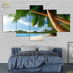 Tableau HD Cadre 5 Pièces Plage Arbres Cocotiers Toile Moderne Art Imprimé Affiche