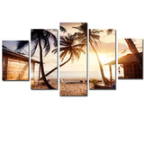 Tableau HD Toile Photos Cadre Décor Tropical Affiche 5 Pièces Cocotiers Coucher Soleil