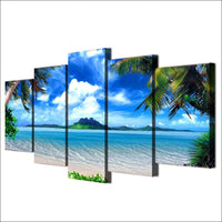 HD Imprimer Toile Mur Art Photos Moderne Salon 5 Panneaux Plage Bleu Palmiers Décor
