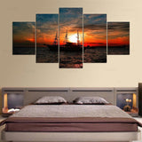 Tableau HD Toile Modulaire Cadre Décor 5 Panneaux Bateau Sublime Coucher De Soleil