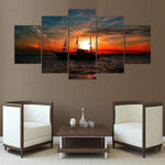 Tableau HD Toile Modulaire Cadre Décor 5 Panneaux Bateau Sublime Coucher De Soleil