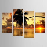 Tableau 4 Pièces HD Imprimé Sunset Beach Arbres Cocotiers Peinture Murale Modulaire