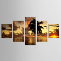 Très Beau Tableau HD imprimé 5 pièces Sunset Beach Arbres De Noix De Coco Peintures