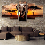 Tableau 5 pièces éléphant coucher de soleil Savane Afrique Faune Sauvage prairie paysage