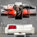 Tableau 5 pièces éléphant coucher de soleil Savane Afrique Faune Sauvage prairie paysage