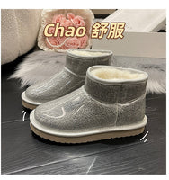 Bottes Femme chaussures d'hiver bout rond australie en peluche cuir cheville plat transparent