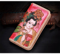 Portefeuilles Pour Femmes En Cuir Véritable Sculpture Chinois Antique Beauté Zipper